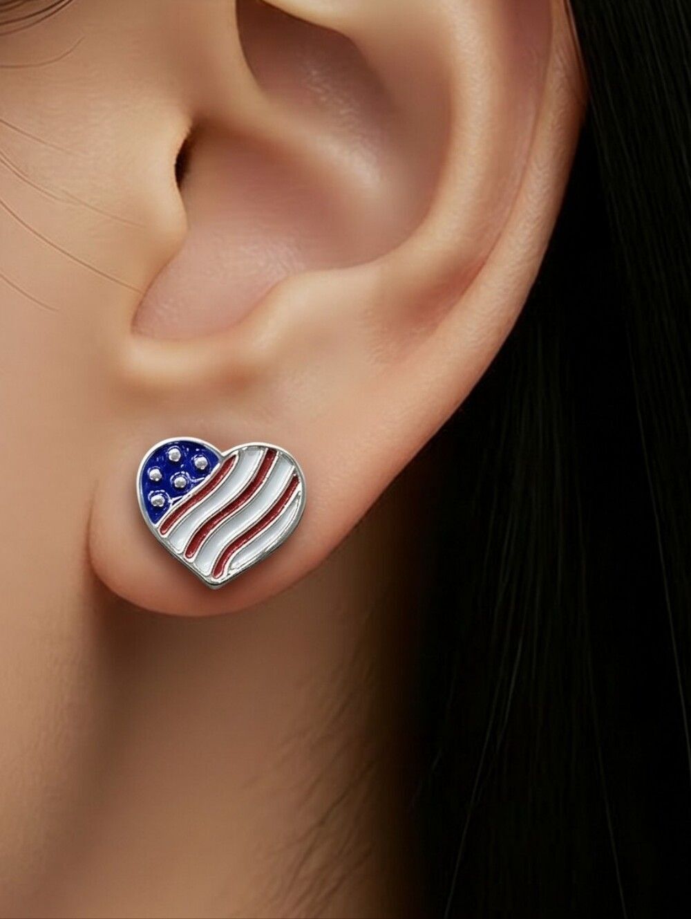 Heart-Shaped American Flag Earrings Stud Post Pierced Patriotic Jewelry America